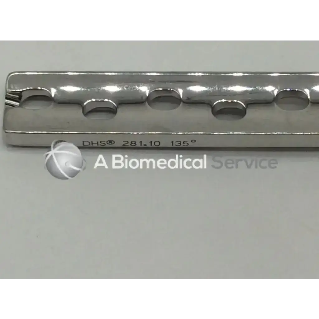 Silver metallic synthes dhs 281.10 135 degree plate-standard barrel with 10 circular cutouts for spinal instrumentation