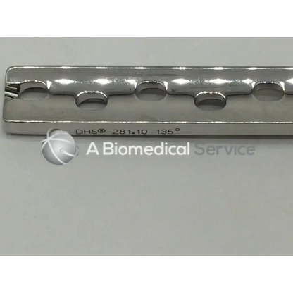 Silver metallic synthes dhs 281.10 135 degree plate-standard barrel with 10 circular cutouts for spinal instrumentation