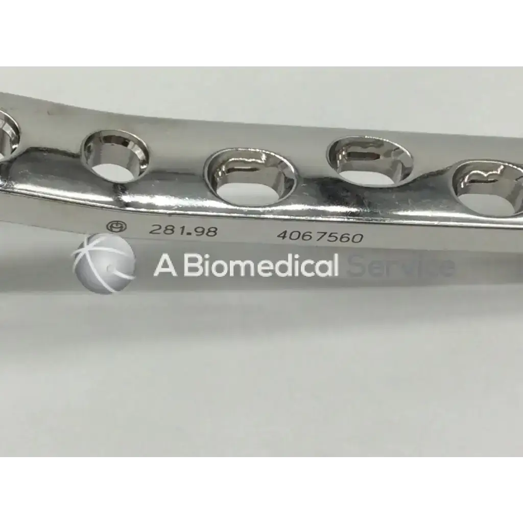 Silver metallic synthes dhs 281.98 bone plate with 8 circular holes and engraved serial numbers from holes ad5-174