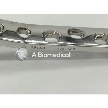 Silver metallic synthes dhs 281.98 bone plate with 8 circular holes and engraved serial numbers from holes ad5-174