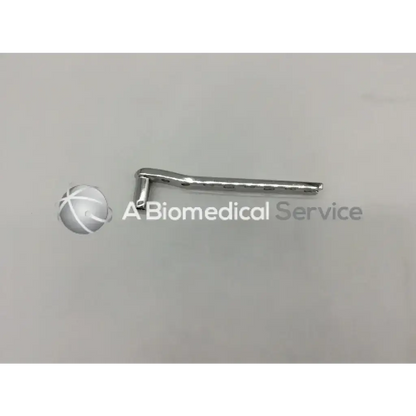 Silver metallic synthes dhs 281.98 plate with curved handle and eight evenly spaced holes ad5-174 shaft