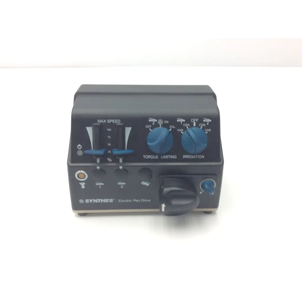 Black synthes electric pen drive console with blue control knobs and labeled max speed torque irrigation settings