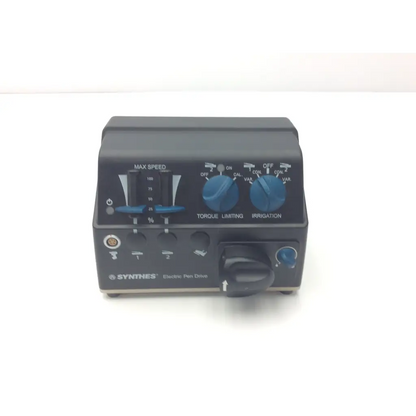 Black synthes electric pen drive console with blue control knobs and labeled max speed torque irrigation settings