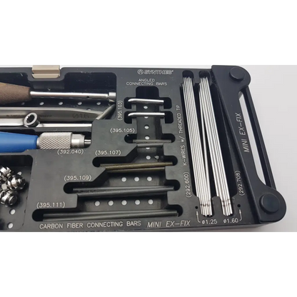 Black plastic case with synthes mini external fixation set 304-564 containing angled carbon fiber bars and threaded k-wires