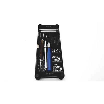 Black plastic tool tray holding blue-handled screwdriver and tweezers for synthes mini external fixation set tools