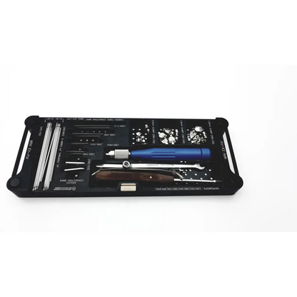 Black plastic case with blue-handled screwdriver and metal tools in synthes mini external fixation set 304-564 rev h