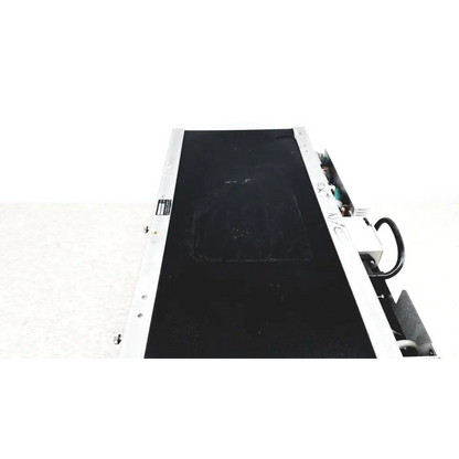 Black conveyor belt with silver metallic side rails and mechanical components of systron donner mrc 6500 microwave repeater test set