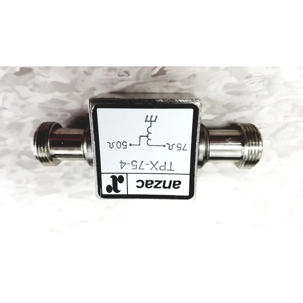 Silver anzac tpx-75-4 rf splitter with threaded connectors and schematic label for microwave repeater test set use