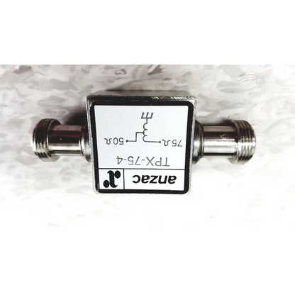 Silver anzac tpx-75-4 rf splitter with threaded connectors and schematic label for microwave repeater test set use