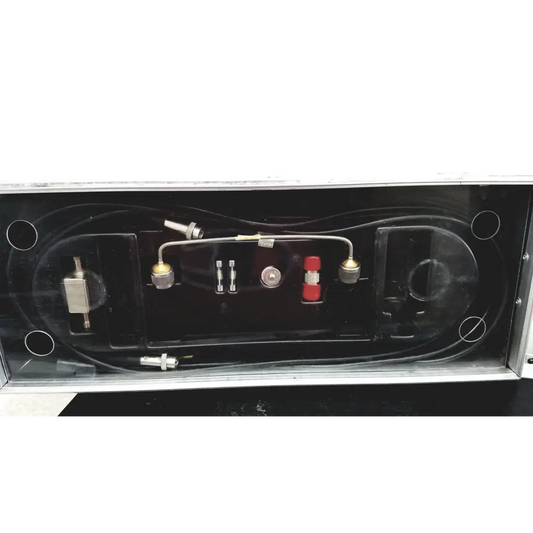 Black plastic case with metallic and red refrigeration tools for systron donner mrc 6500 microwave repeater test set