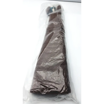 A dark brown long-sleeved formal gown wrapped in plastic packaging for tactile calf foot regular left use