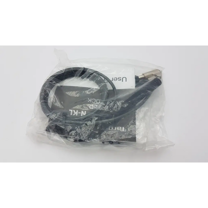 Black coiled cable lock asp65glx with metallic connector end packaged in clear bag for targus defcon trapezoid keyed security