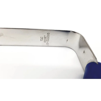 Silver metallic techman surgical af-003393 britetrac retractor with curved polished handle and engraved markings