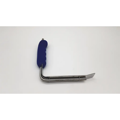 Blue rubber-handled metal techman surgical af-003393 britetrac retractor with curved l-shaped flat angled tip