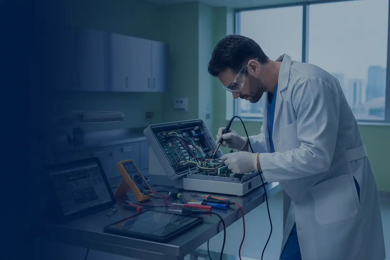 A technician in a white lab coat is soldering components on an open electronic device with visible circuit boards and wires.