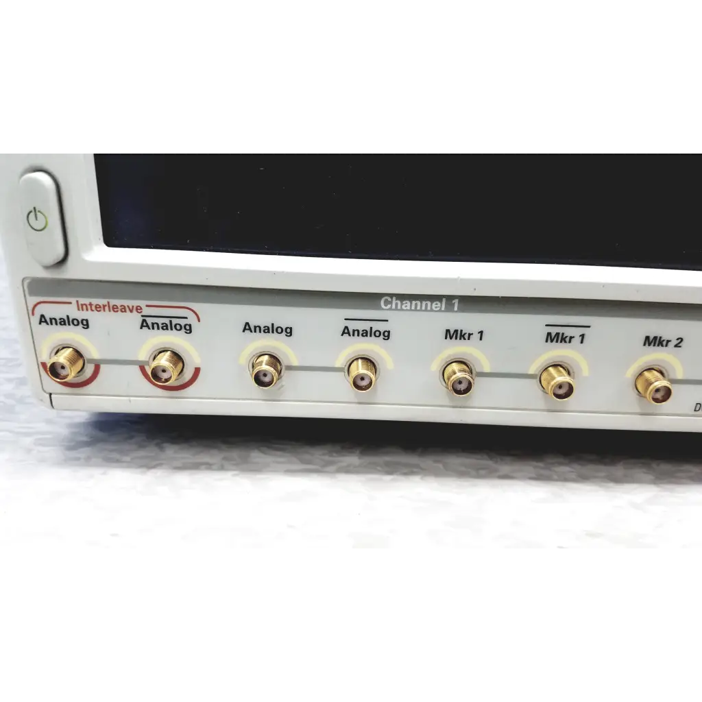 White Tektronix awg7122c arbitrary waveform generator back with gold bnc connectors for analog channels and marker inputs