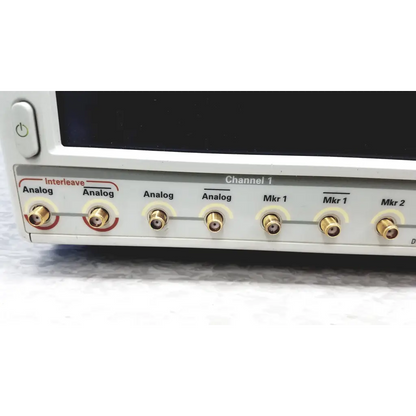 White Tektronix awg7122c arbitrary waveform generator back with gold bnc connectors for analog channels and marker inputs