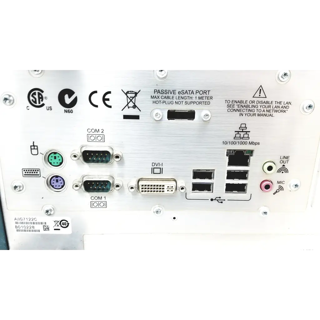 Silver metallic back panel of tektronix awg7122c arbitrary waveform generator with usb ethernet and vga ports