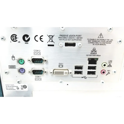 Silver metallic back panel of tektronix awg7122c arbitrary waveform generator with usb ethernet and vga ports
