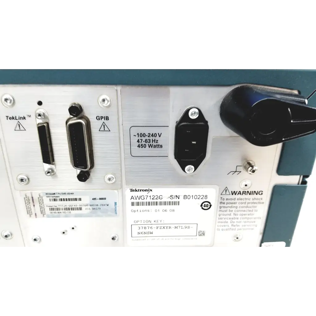 Rear view of tektronix awg7122c arbitrary waveform generator with silver metallic panel and multiple connectors