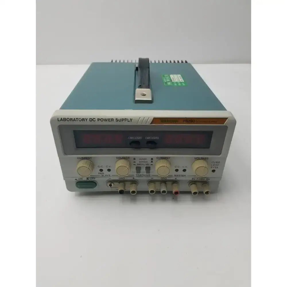 Teal and gray Tektronix PS280 triple output power supply with digital display, control knobs, and output connectors