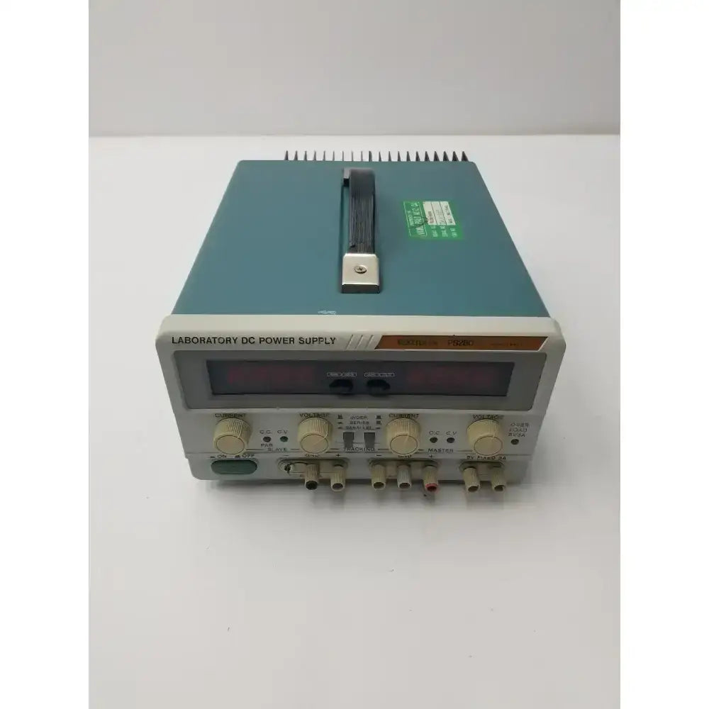 Teal and gray tektronix ps280 triple output dc power supply with digital display control knobs and multiple output ports