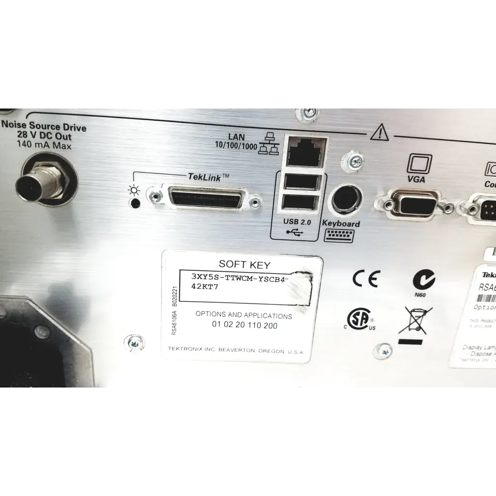 Silver metallic back panel of tektronix rsa6106a real-time spectrum analyzer with usb 2.0 vga and ethernet ports labeled