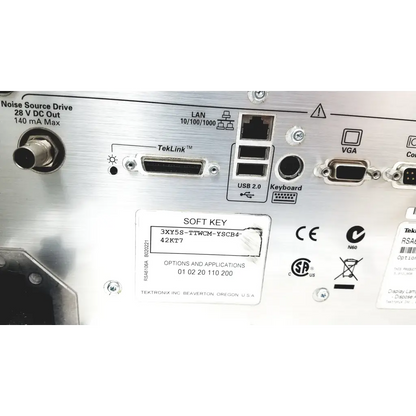 Silver metallic back panel of tektronix rsa6106a real-time spectrum analyzer with usb 2.0 vga and ethernet ports labeled