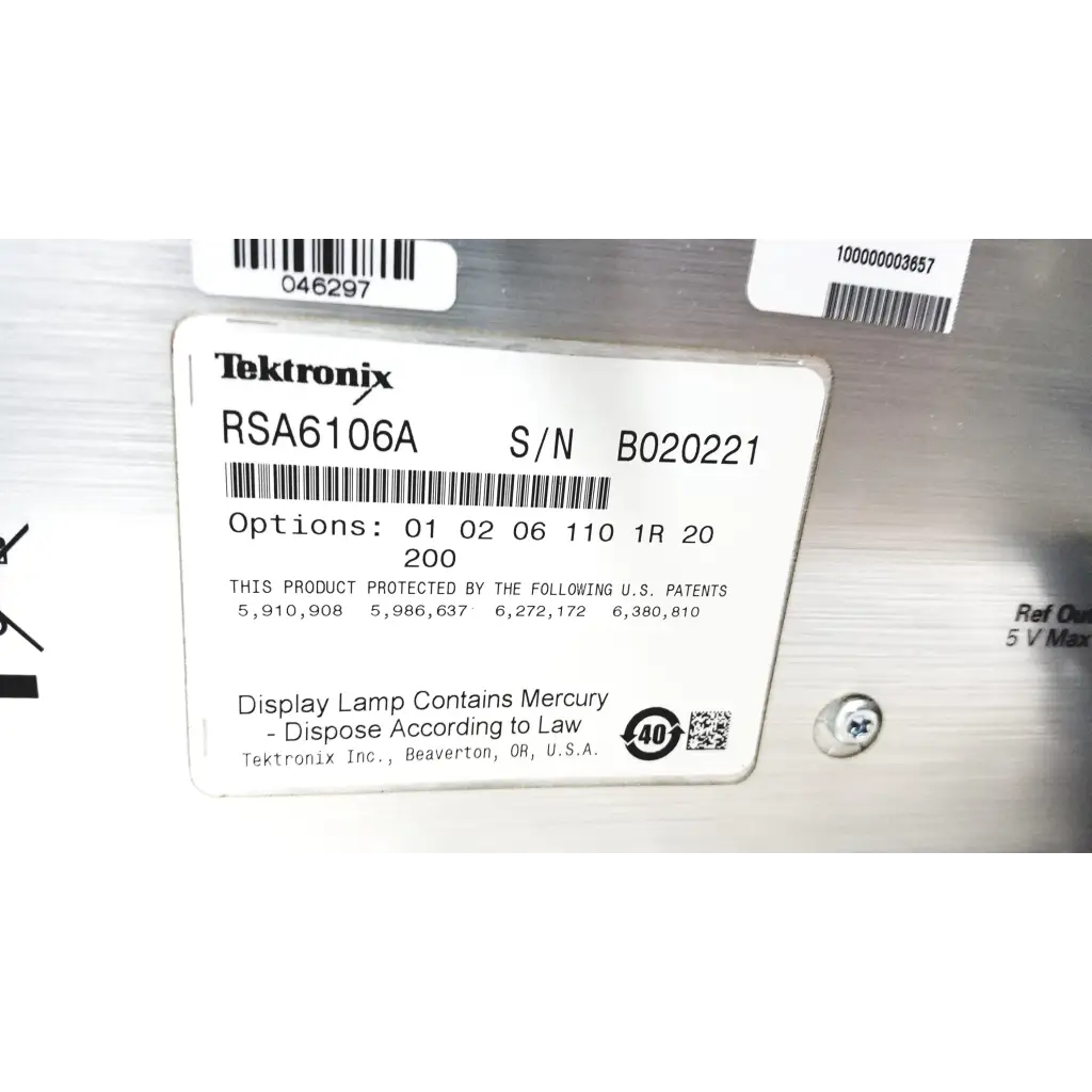 Tektronix rsa6106a real-time spectrum analyzer with metallic silver chassis and serial number b020221 label visible