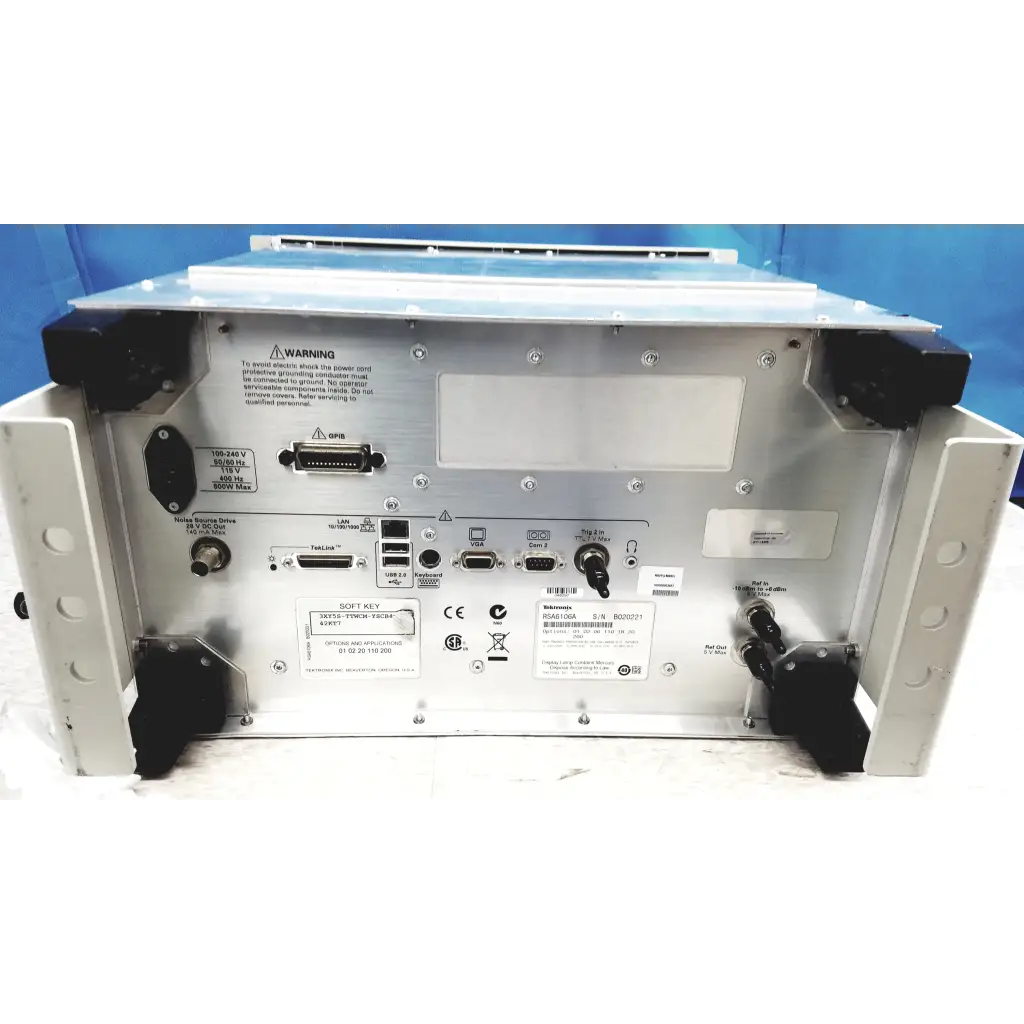 Silver metallic rack-mountable tektronix rsa6106a real-time spectrum analyzer rear with usb ethernet and serial ports