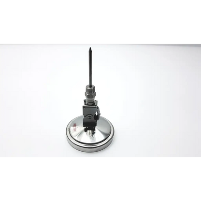Stainless steel tel-tru thermometer 4°f industrial temperature probe with threaded stem and circular mounting base