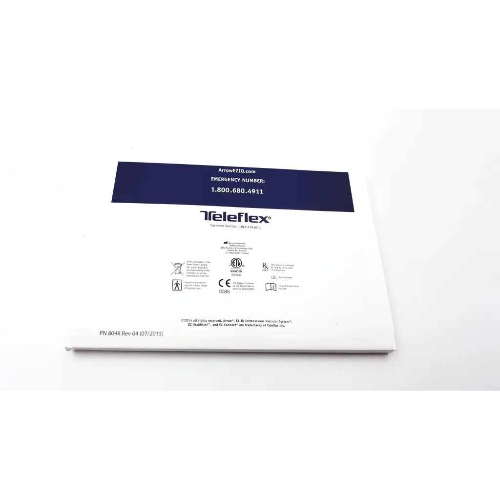 White rectangular box with navy blue teleflex label and emergency contacts for teleflex arrow ez-io power driver intraosseous