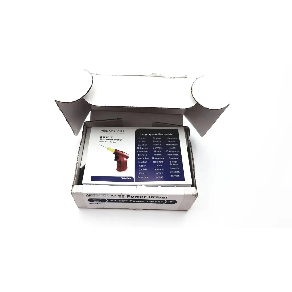 Teleflex arrow ez-io 9058 power driver intraosseous with red body, yellow trigger, and black handle in white box