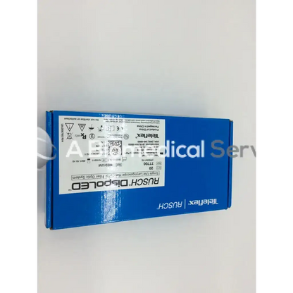 Blue rectangular box for teleflex rusch dispoled 7700 single-use fiber optic laryngoscope in disposable single laryngoscope system