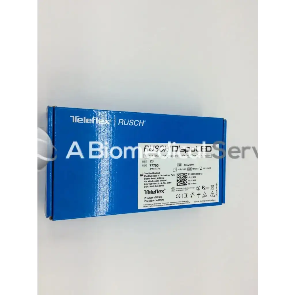 Blue rectangular box packaging for teleflex rusch dispoled single laryngoscope handle medium 77700 medical device