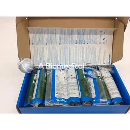 Blue and green packaged teleflex rusch dispoled single laryngoscope handles medium 77700 in a cardboard box