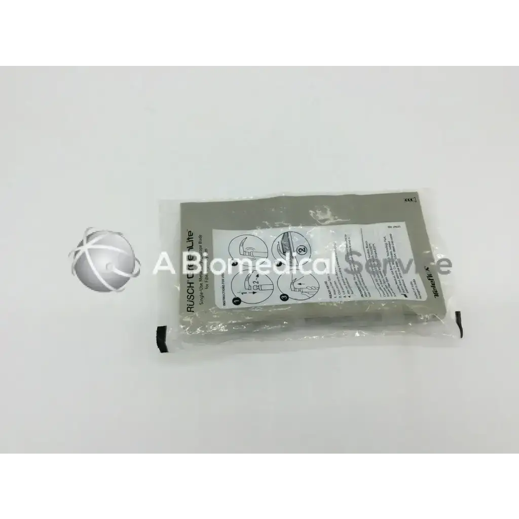 Teleflex rusch greenlite metal laryngoscope blade with sterile ice pack in clear plastic package and printed instructions