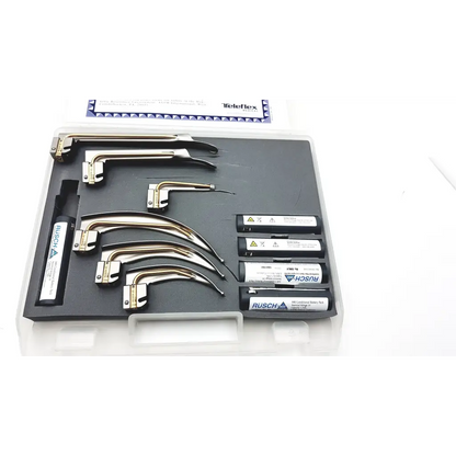 Teleflex rusch mri set with metallic conditional fiber optic laryngoscope blades and replacement cartridges in black case