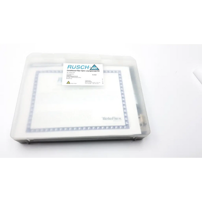 Clear plastic case containing white rectangular component with gray border and rüsch label for teleflex rusch mri set