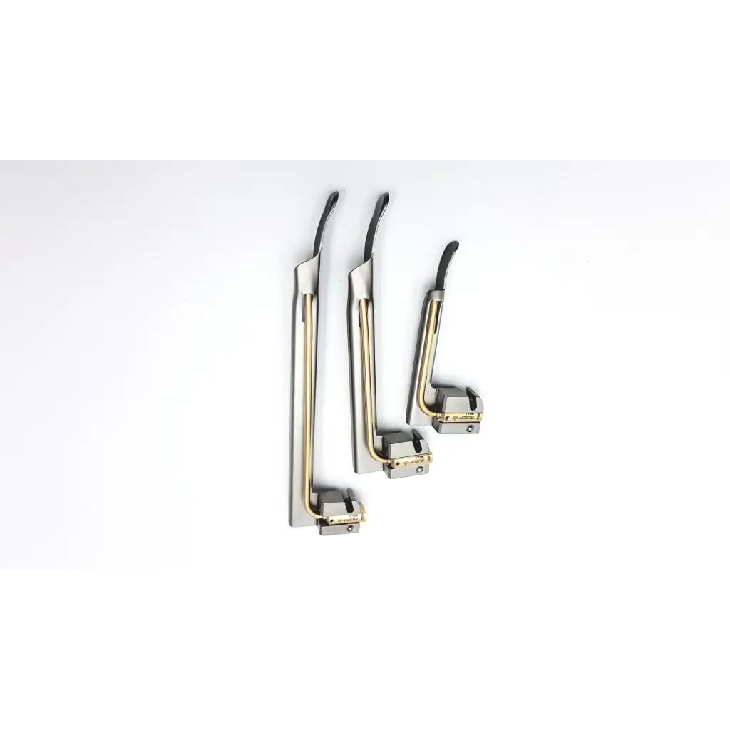 Teleflex rusch mri set with three metallic laryngoscope handles featuring black shafts and gold accents conditional fiber optic