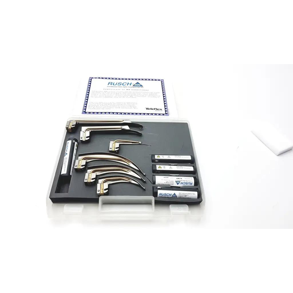 Teleflex rusch mri set fiber optic laryngoscope kit with metallic blades and labeled cartridges in black plastic case