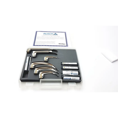 Teleflex rusch mri set fiber optic laryngoscope kit with metallic blades and labeled cartridges in black plastic case