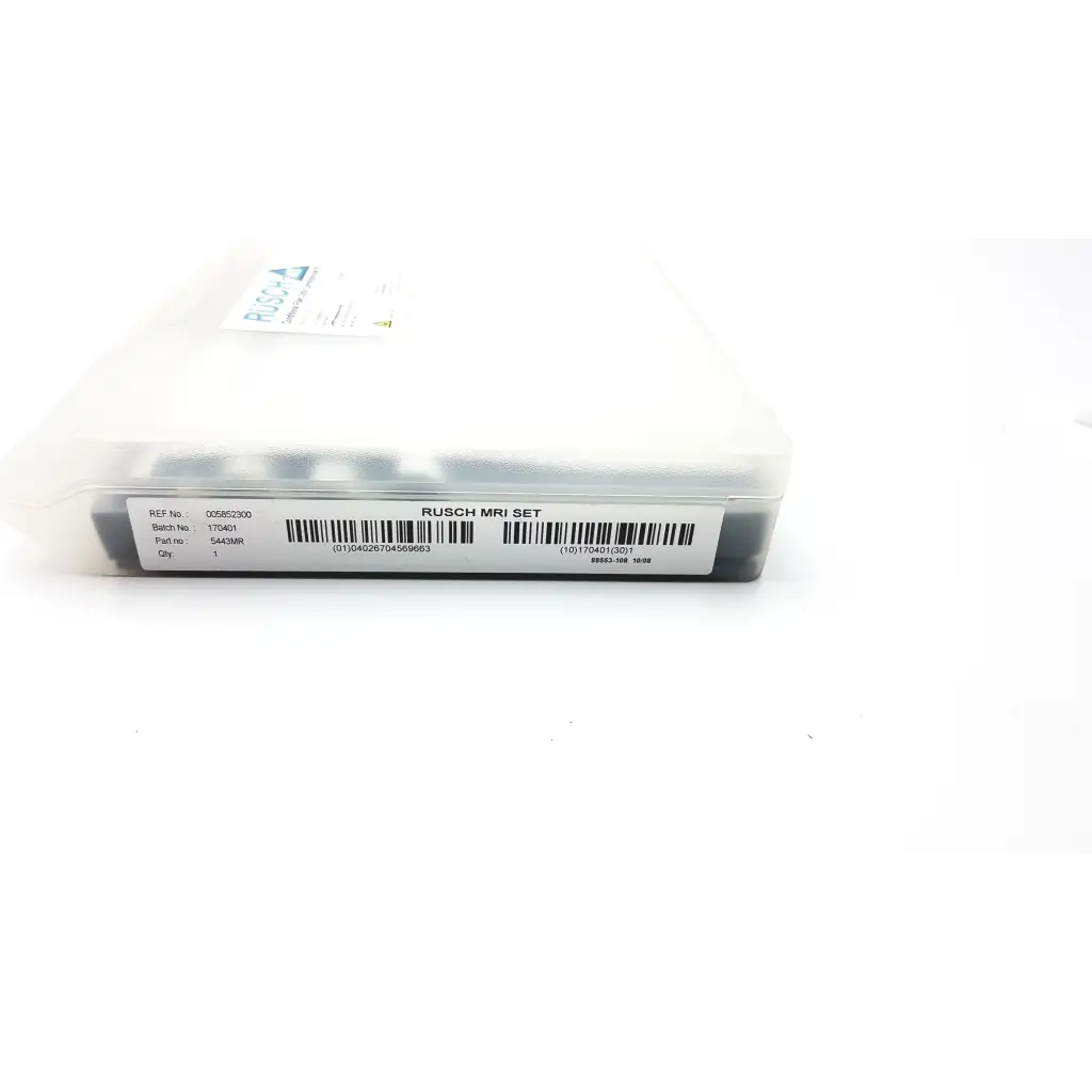 Teleflex Rusch MRI set in a clear plastic case with white label and barcode for conditional fiber optic use