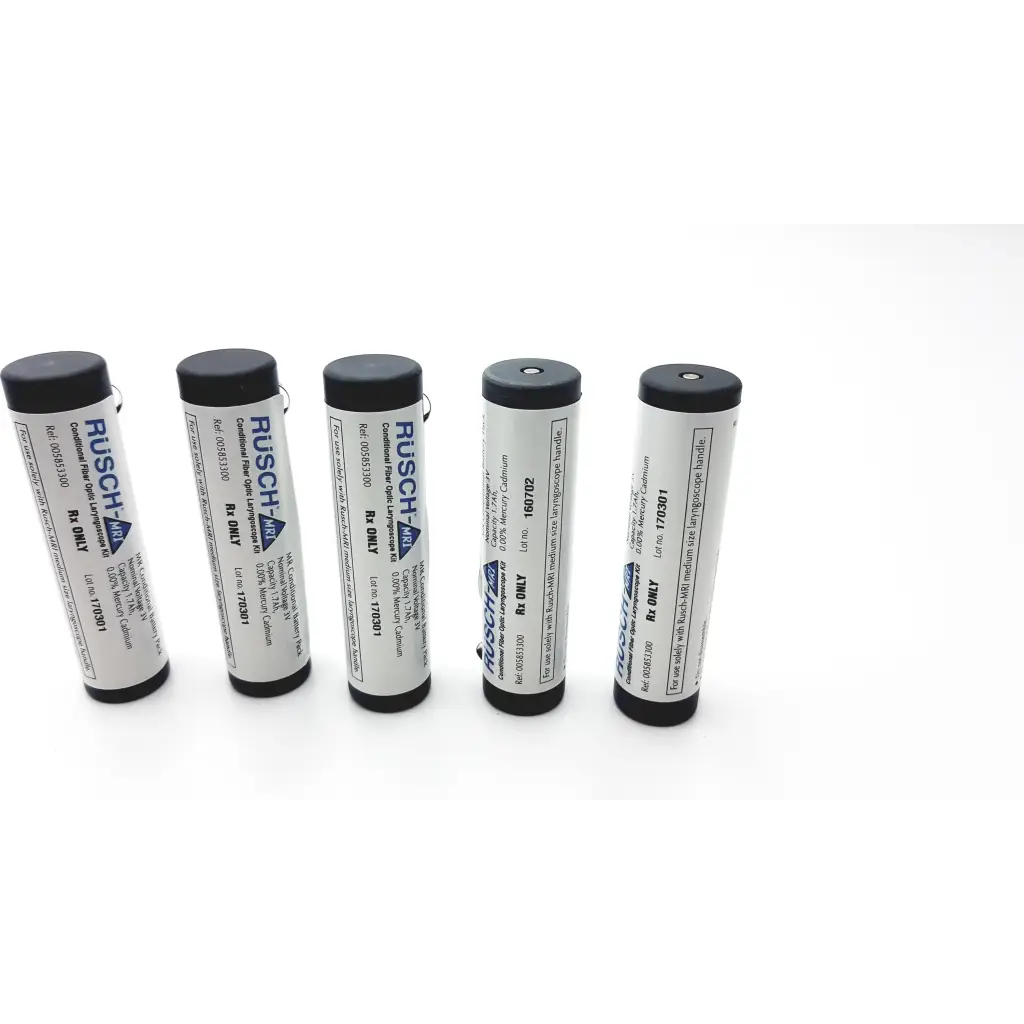 Five cylindrical white labeled rusch-anti batteries with black caps in teleflex rusch mri set conditional fiber optic kit