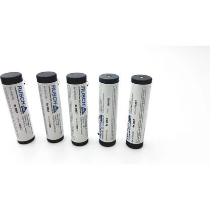 Five cylindrical white labeled rusch-anti batteries with black caps in teleflex rusch mri set conditional fiber optic kit