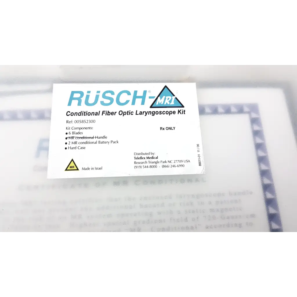 White paper label for teleflex rusch mri set conditional fiber optic laryngoscope kit showing product details