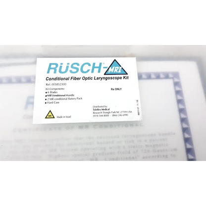 White paper label for teleflex rusch mri set conditional fiber optic laryngoscope kit showing product details