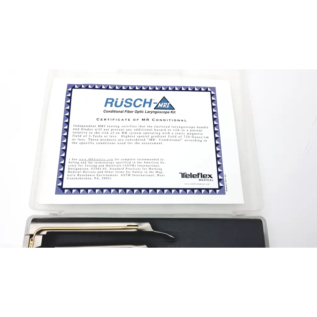 Teleflex rusch mri set 005852300 conditional fiber optic laryngoscope kit in white blue box with metallic components visible