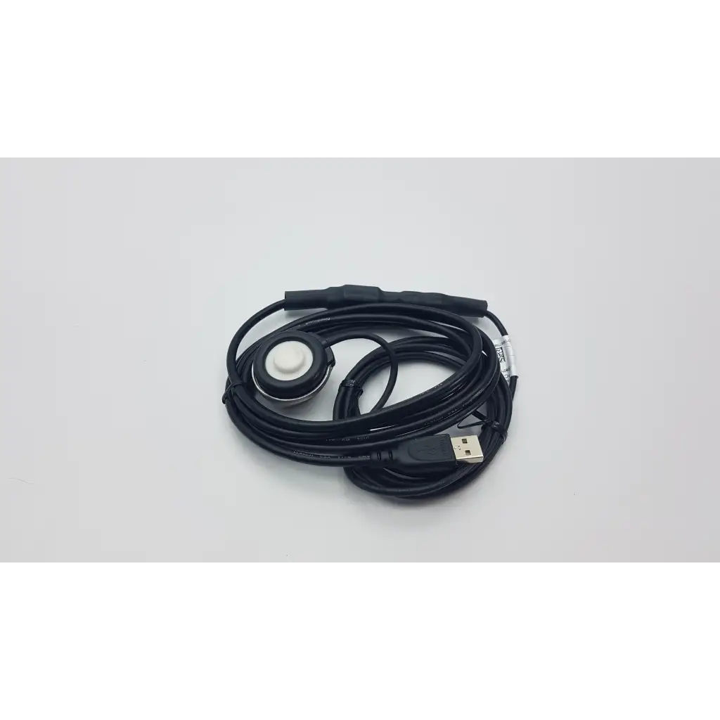 Black coiled usb cable with circular sensor head white button and metallic ring for telehealth technologies pcp-usb stethoscope