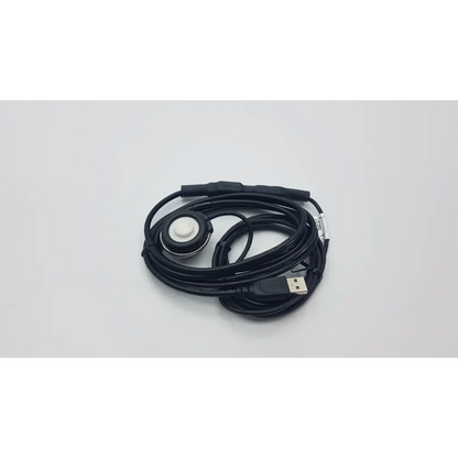 Black coiled usb cable with circular sensor head white button and metallic ring for telehealth technologies pcp-usb stethoscope